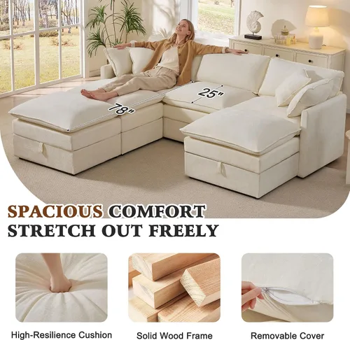 Vista 6 de Ihanherry Sofá cama modular de gran tamaño con almacenamiento, sofá nube modular de 6 plazas de 103 pulgadas con otomanas móviles, sofás de felpilla