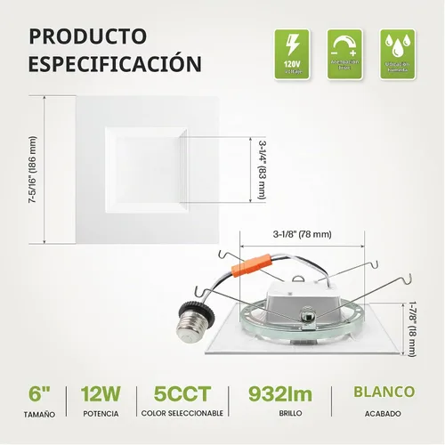 Vista 7 de ASD Luces LED Empotradas Cuadradas Blancas de 6 Pulgadas Retrofit - 12W 1050LM 2700/3000/3500/4000/5000K Seleccionable Regulable LED Downlight Blanco