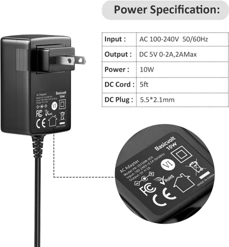 Vista 4 de Fuente de alimentación universal de 5 V, 2 A, 1 A, adaptador de CA universal, DC 5 voltios, 1.5 A, 1.2 A, 0.5 A, cable de alimentación de repuesto
