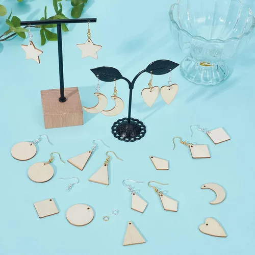 Vista 5 de SUNNYCLUE 520 piezas de 80 pares de aretes de madera sin terminar, kit de aretes de madera en blanco, dijes grandes de madera, 160 ganchos