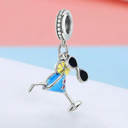 Vista 3 de Abalorio de plata de ley 925 con diseño de limón y copa de vino, para pulsera y collar