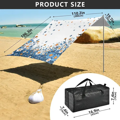 Vista 3 de Colorido diseño floral floral UPF50+ toldo de playa plegable impermeable portátil refugio solar con sacos de arena y pala para patio trasero