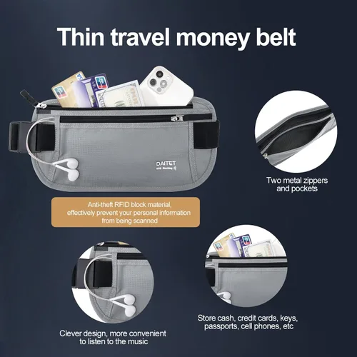 Vista 45 de DAITET Cinturón de dinero, soporte para pasaporte, cartera de viaje oculta segura con bloqueo RFID, riñonera encubierta (negro), Negro, Rfid