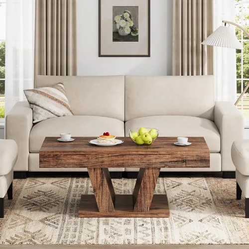 Vista 4 de Mesa de centro Farmhouse de 43 pulgadas con almacenamiento, color marrón Wood Center Tea Table with Hidden Storage, Rectangle Cocktail Table for