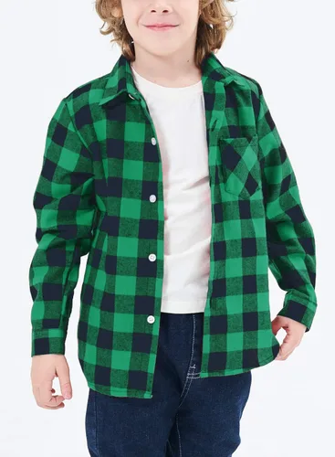 Vista 4 de Yinggeli Camisas a cuadros para niños y niñas, camisas de vestir de franela de manga larga con botones 2T - 8T