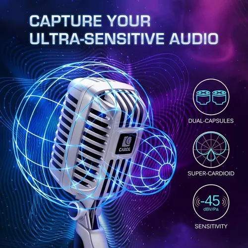 Vista 3 de CAROL CLM-101 Micrófono profesional vintage con cable – Supercardioide dinámico con cápsulas de micrófono dual para canto, karaoke y escenario