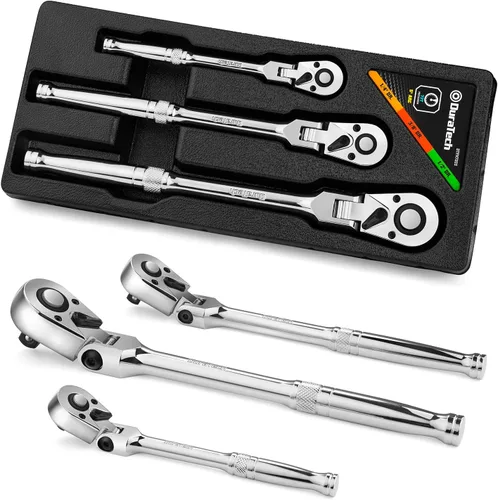 Vista 10 de DURATECH Mango de trinquete de 1/4 pulgadas con cabeza flexible, llave de trinquete de 72 dientes, liberación rápida, interruptor reversible