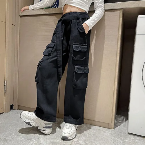 Vista 5 de Rolanko Pantalones cargo holgados de pierna ancha Y2K de cintura alta para niños pantalones sueltos casuales de 4 a 15 años