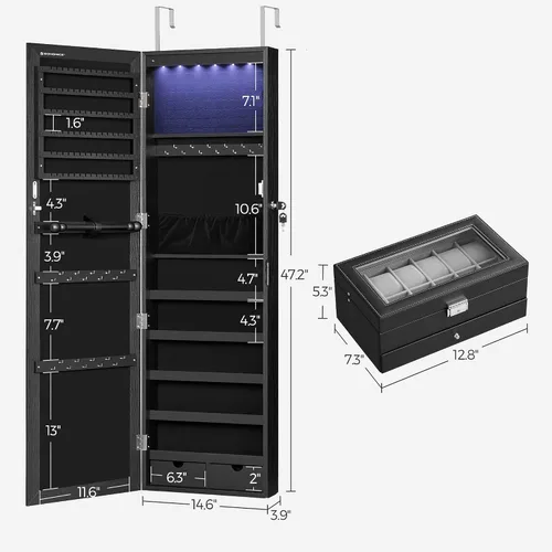 Vista 5 de SONGMICS Armario de joyería con espejo de 6 luces LED y caja de reloj de 12 ranuras, con cerradura, montaje en pared o puerta, organizador de joyas