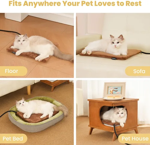 Vista 6 de Almohadilla térmica para mascotas para gatos y perros, interior y exterior, impermeable, con calefacción, cama para perros, cable resistente a