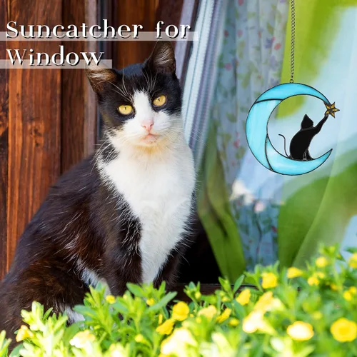Vista 6 de Gato en luna con vitral, estrella para colgar en la ventana, decoración de regalo conmemorativo para mujeres (gato negro sobre luna azul)