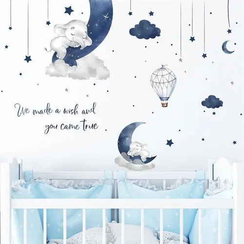 Vista 3 de Adhesivo de pared con elefante bebé durmiendo en azul grisáceo, sacinora - Adhesivo de pared con luna, estrella, nube y frase en inglés cálido