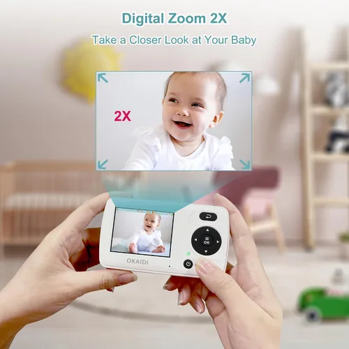 Vista 9 de OKAIDI Monitor de video para bebés con 2 cámaras, pantalla de viaje portátil de 2.4 pulgadas, transmisión de largo alcance de 1000 pies, monitor