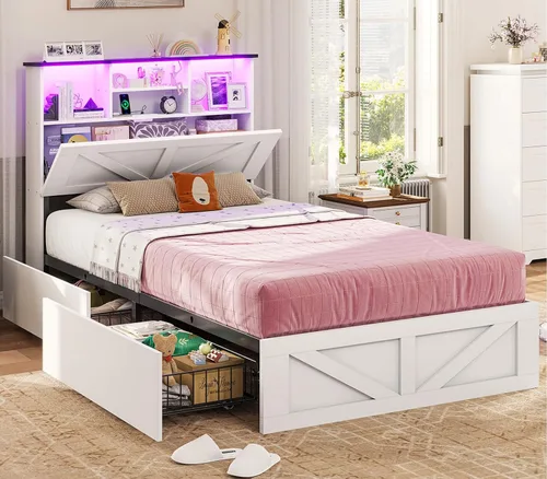 Vista 14 de VIAGDO Bastidor de cama estilo granja tamaño completo con cabecero de almacenamiento tipo librero, estación de carga y luces LED, bastidor de cama
