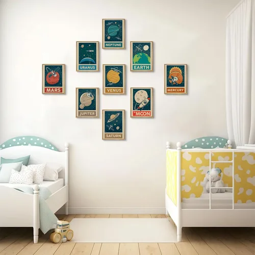 Vista 7 de 9 piezas de arte de pared retro del sistema solar para cuarto de niños, imágenes espaciales retroespaciales, galaxia, decoración de pared, pinturas