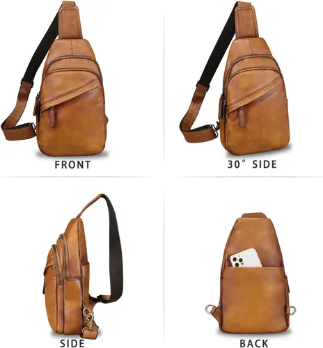 Vista 4 de Bolso de cuero genuino para hombres y mujeres, mochila de cuero vintage, bolso cruzado de hombro a la moda