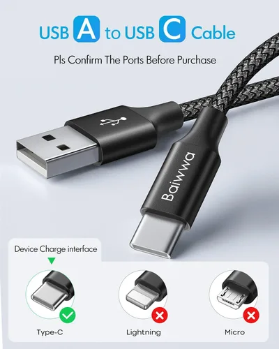 Vista 3 de Baiwwa Cable USB C Extralargo de 30 pies, Cable de Carga USB A a Tipo C (No Datos) Nylon Trenzado Premium para iPhone 16 15 Series Samsung Galaxy
