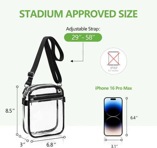 Vista 4 de MAY TREE Bolso transparente aprobado para estadios con correa ajustable, bolsa transparente de 8.5 x 6.8 x 3 pulgadas para eventos de estadio
