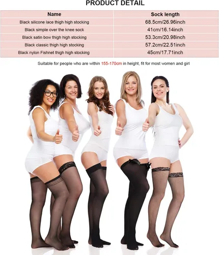 Vista 6 de SATINIOR 4 Pack Silk Thigh High Stocking for Women Lace Silicone Socks Satin Bow Top Stocking