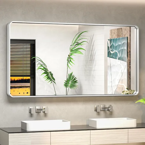 Vista 95 de TokeShimi Espejo de pared de baño de níquel cepillado de 20 x 30 pulgadas, marco de metal, esquina redonda, rectangular, para decoración del hogar
