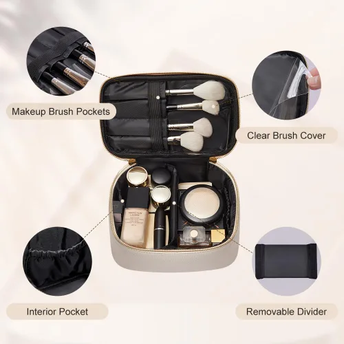 Vista 5 de ROWNYEON - Bolsa de cosméticos, bolsa de maquillaje, estuche portátil para maquillaje, neceser de viaje, organizador para mujeres, color beige