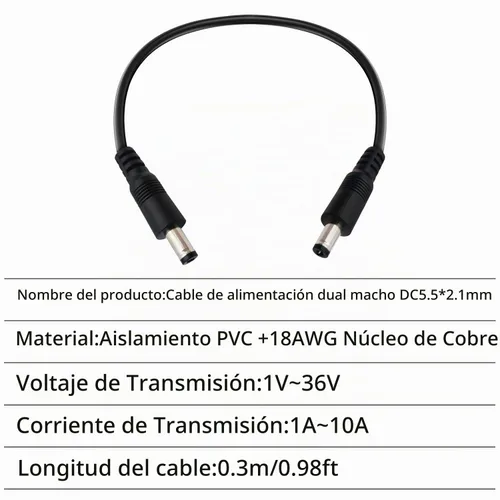 Vista 6 de DC5.0.197x0.1 in 12V macho a macho Cable de extensión macho a macho 18AWG macho a macho 1 pie