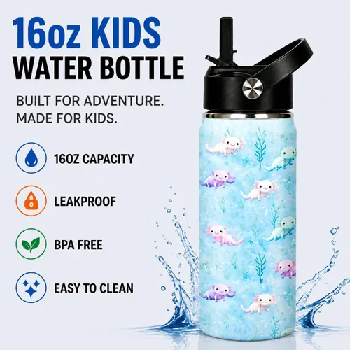 Vista 2 de Botella de agua de 16 onzas para niños, linda botella de acero inoxidable aislada con tapa abatible con popote abatible a prueba de fugas, taza