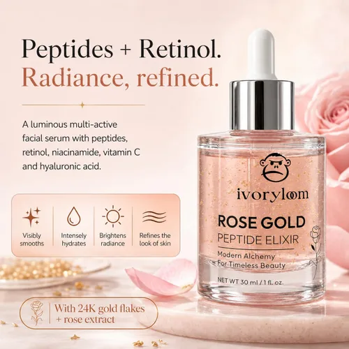 Vista 2 de ivoryloom - Suero facial de elixir peptídico de oro rosa, oro de 24 quilates, extracto de rosa, péptidos, ácido hialurónico, vitamina C