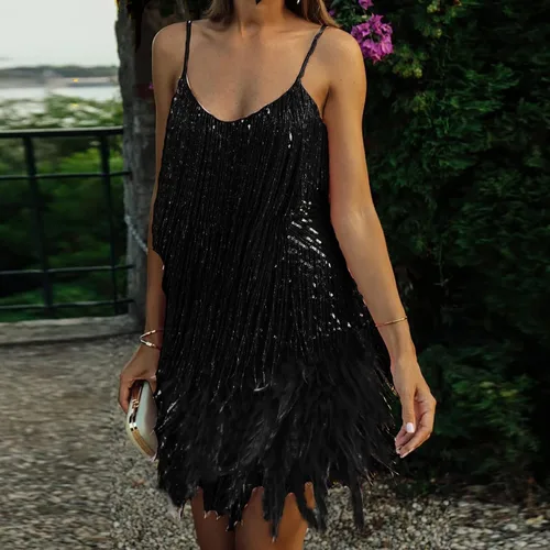 Vista 4 de Vestido sexy de lentejuelas con flecos para mujer, sin mangas, con tirantes delgados, vestido de fiesta, cóctel, noche, mini vestido ajustado
