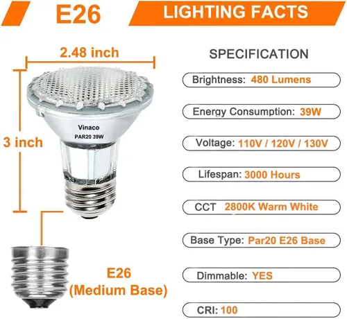 Vista 8 de Vinaco Halogen PAR20 Flood Bulb Dimmable 39W 120V Warm White 2800K E26 Base