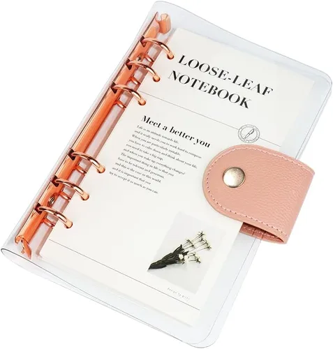Vista 7 de Carpeta transparente A5 con 6 anillas, cubierta de PVC suave, anillo redondo de oro rosa, botón a presión, protector de cuaderno recargable con 90
