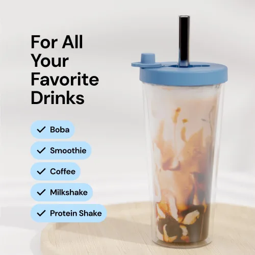 Vista 5 de Dodoko Taza de té Boba/Bubble reutilizable – 17 oz con tapa y pajita; taza de café frío/batido para llevar, color azul brisa