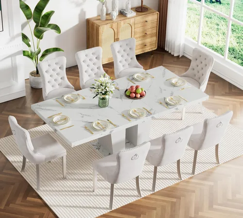 Vista 91 de Juego de mesa de comedor extensible marrón de 63 a 78.74 pulgadas para 4, juego de mesa de comedor de 5 piezas con 4 sillas, mesa de cocina