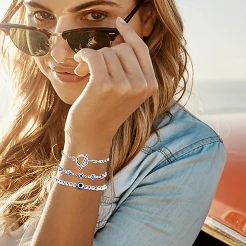 Vista 4 de ORAZIO Juego de 16 pulseras de protección contra el mal de ojo, pulseras estéticas de cadena apilables, pulseras mexicanas, joyas de oro contra