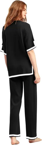 Vista 4 de Hqzoomee Conjunto de 2 piezas de suéter de punto para mujer, suéter de punto de manga corta, pantalones de pierna ancha