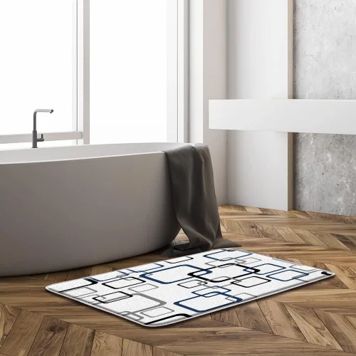 Vista 2 de Tapete de baño negro azul gris con patrón geométrico Asbtarct vintage, moderno, estilo granja, clásico, de microfibra, de espuma viscoelástica