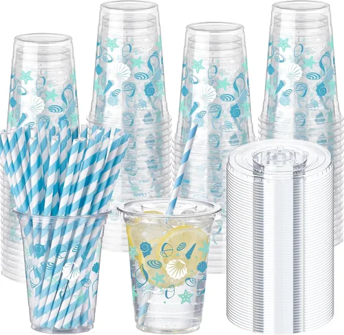Vista 14 de Sliner 50 juegos de vasos de plástico a cuadros de 16 onzas con tapas y pajitas de papel, vasos desechables transparentes para fiesta de autos
