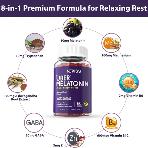Vista 3 de Gomitas de melatonina 10 mg 20 mg para adultos, melatonina 10 mg por gomita con Ashwagandha, glicinato de magnesio, GABA, L-teanina, raíz