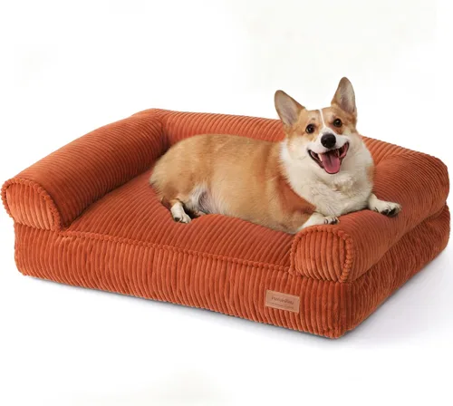 Vista 10 de FUKUMARU Sofá cama para perros, acogedora cama de pana para gatos de interior con funda lavable, cama ortopédica impermeable de 28 pulgadas