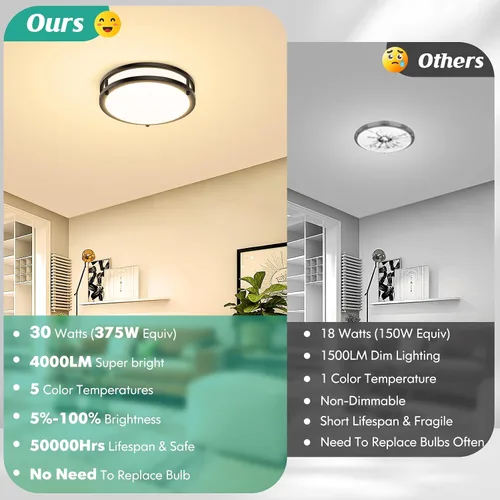 Vista 2 de Lámpara de techo LED de montaje empotrado de 10 pulgadas, 30W, 4000 lm, ajustable, 2700K/3000K/4000K/5000K/6500K, cambio de color, lámpara de techo