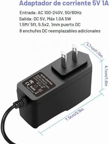 Vista 5 de Adaptador de fuente de alimentación de 5 V 1 A, cargador de 5 W, CA/CC, 100 V-240 V a CC, 5 voltios, 1 amperio, 0.5 A, cable de alimentación