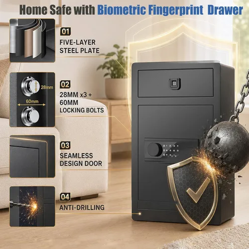 Vista 3 de 2.4 Cu Ft Small Safe Box Fireproof Waterproof -Home Safe with Biometric Fingerprint Drawer & Removable Shelf, Dual Alarm System,Gun Safe for