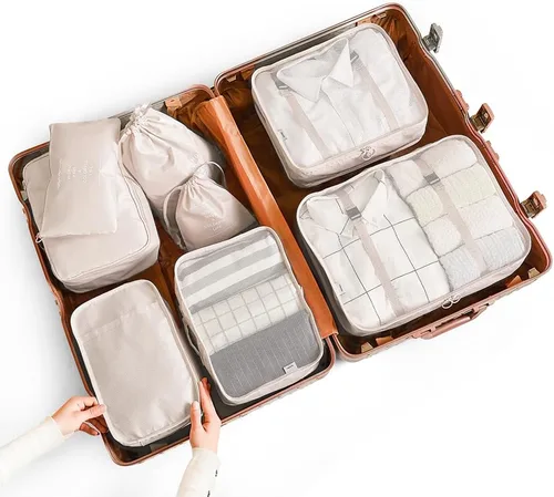 Vista 2 de NuAngela Cubos de equipaje para maletas, juego de 8 organizadores de equipaje de viaje para artículos esenciales de viaje, cubos organizadores
