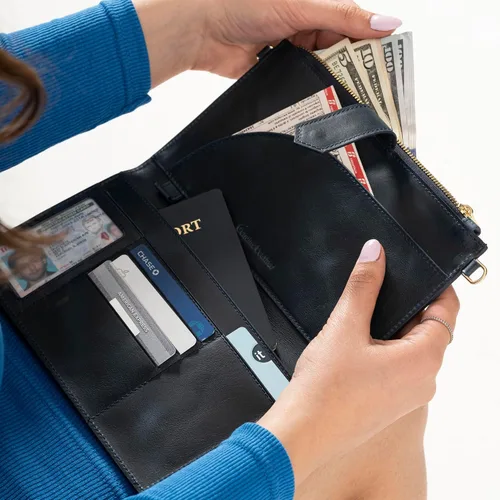 Vista 3 de Cartera de cuero genuino para mujer con protección RFID, cartera plegable para teléfono celular, con cremallera, diseño delgado, con múltiples