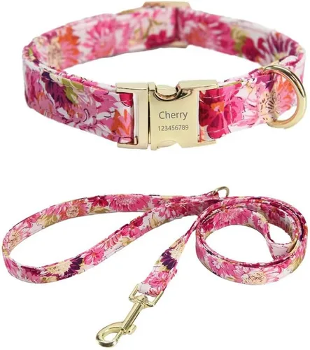 Vista 5 de Juego personalizado de collar y correa para perro con nombre y placa de número de teléfono, collar de perro con margaritas personalizado para perros
