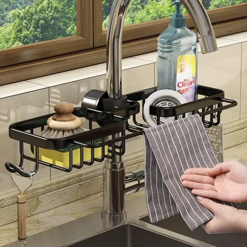 Vista 11 de Soporte de esponja para grifo, organizador para fregadero de cocina, bandeja colgante para drenaje de 1.8-2.8 cm de diámetro, organizador para Dorado