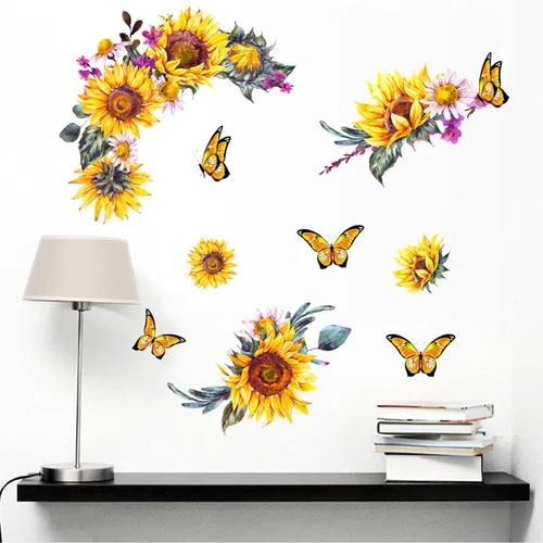Vista 7 de Calcomanías de pared de girasol de acuarela, creativas calcomanías de pared de flores amarillas 3D, calcomanías de mariposa de sol para despegar