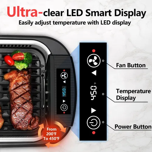 Vista 3 de Parrilla de Interior, CUSIMAX Parrilla Sin Humo de Interior, Parrilla Eléctrica Plancha de 1500W BBQ Coreana con Pantalla Inteligente LED y Tapa