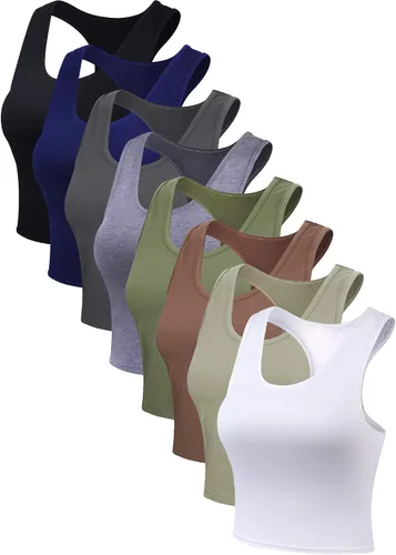 Vista 3 de Geyoga 8 Pcs Women Basic Crop Tank Tops Sleeveless Racerback Crop Cotton Top