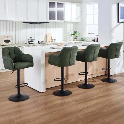 Vista 12 de Moderno juego de 2 taburetes de bar giratorios de piel sintética con apoyabrazos, silla de bar ajustable tapizada con base de metal reposapiés